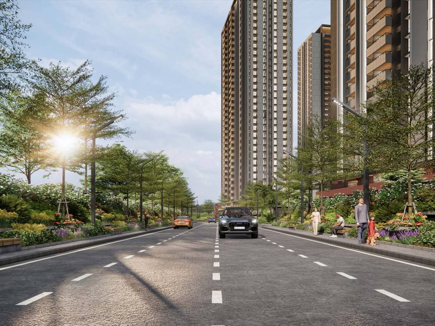 Assetz Codename Sublime landscaped internal street and tower elevation by Assetz Property Group located off Hoskote, East Bengaluru